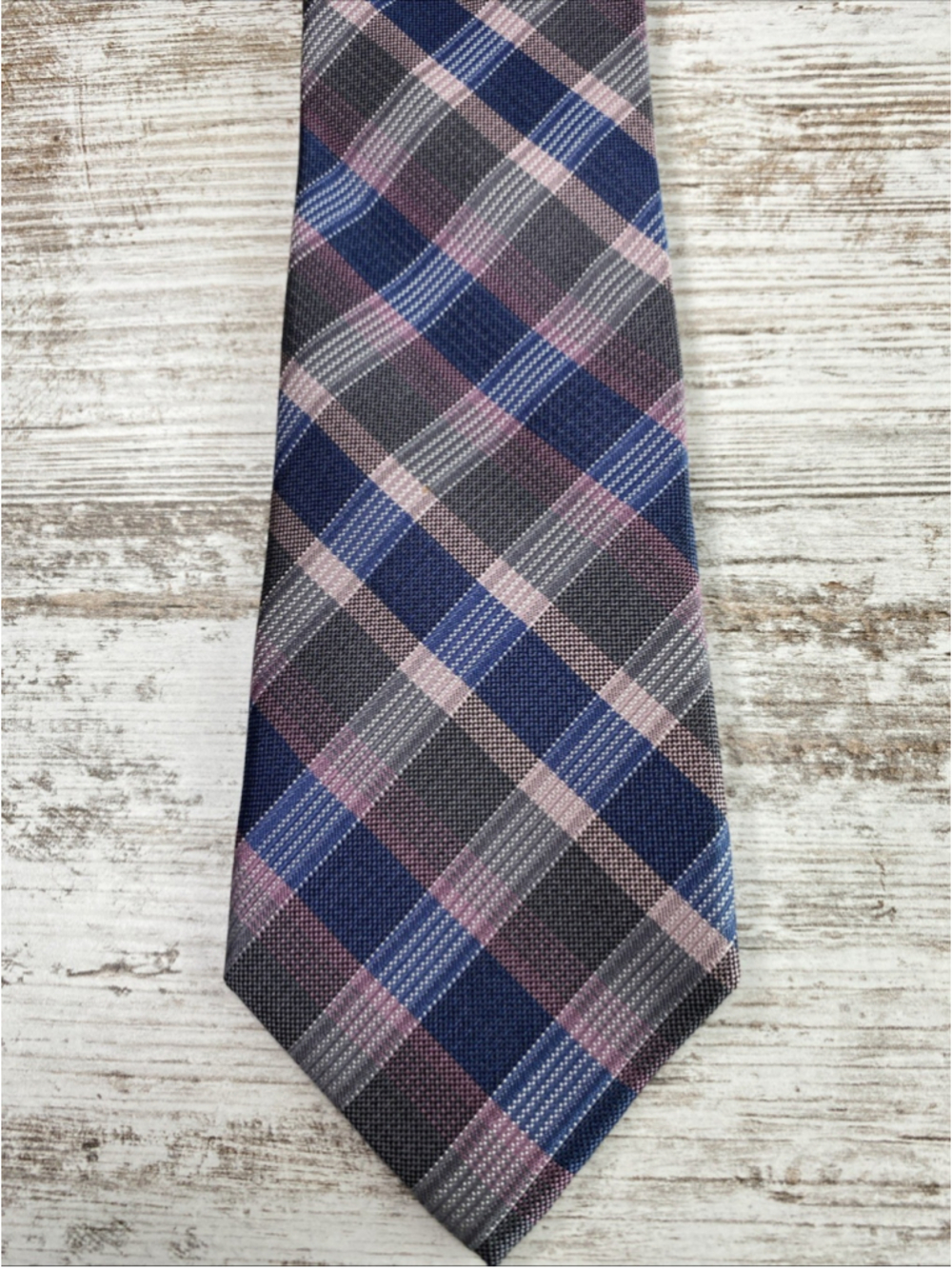 Pronto Uomo Platinum Silk Tie Plaid Blue Gray Pink Slim 59x3.25 Classic